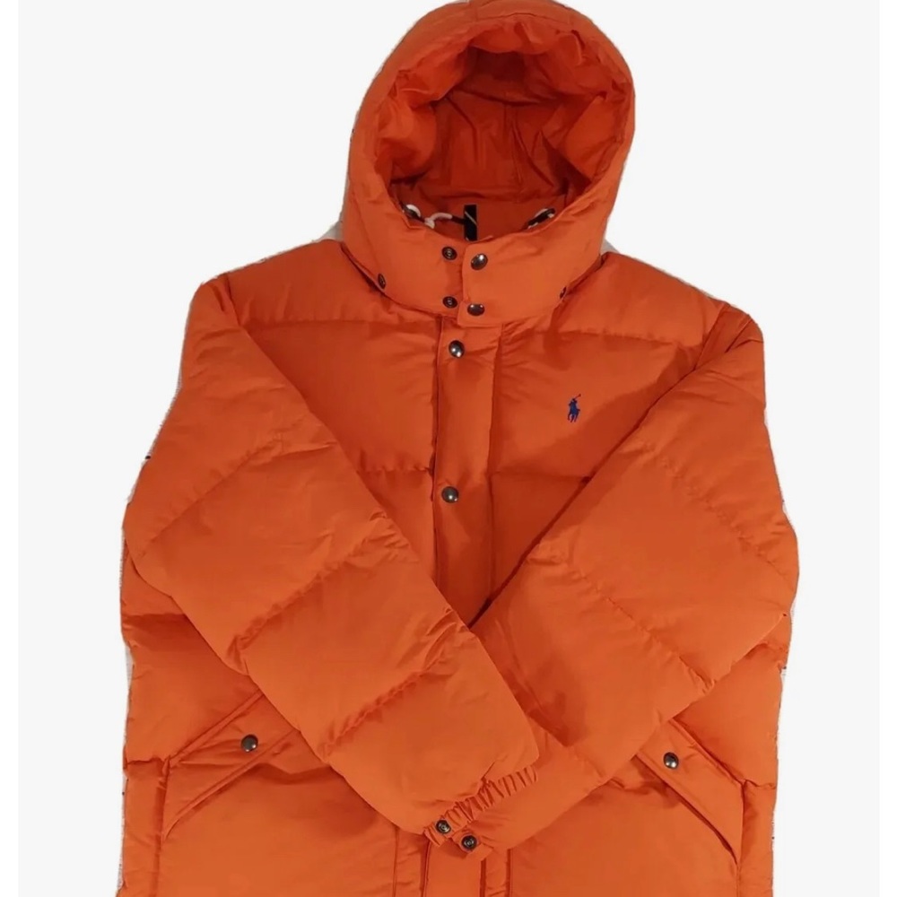 Men's Polo Ralph Lauren Orange Long Down Fill Puffer Coat Large NWT - Picture 2 of 16